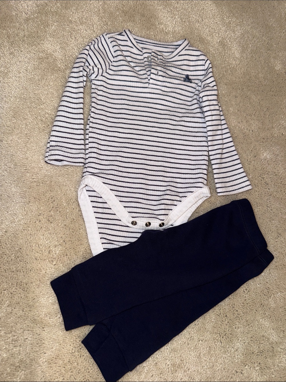 GAP White and Navy Striped Long-Sleeve One-Piece with Navy Pants